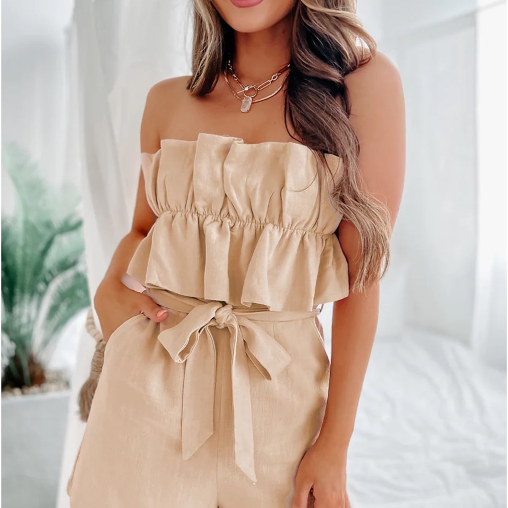 Tan Strapless Jumpsuit with Ruffled Top and Fabric Belt